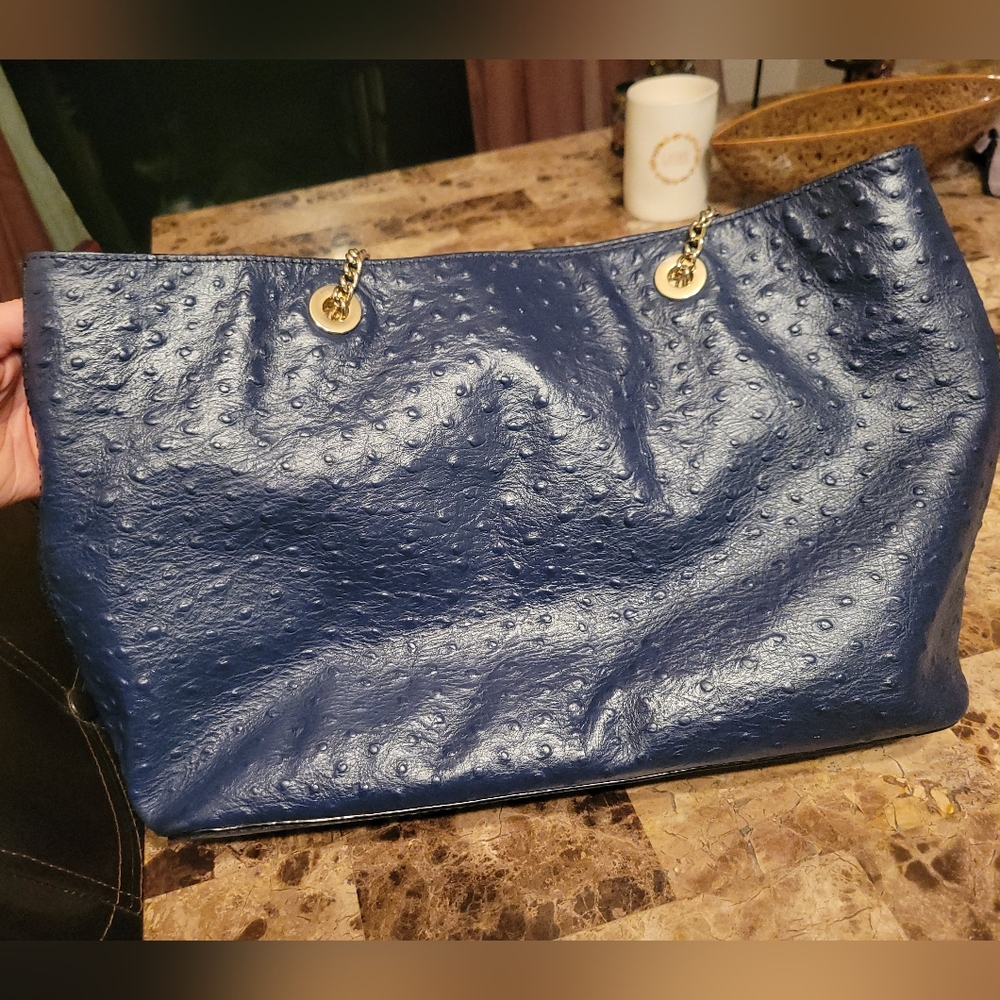 Kate ♠️ Spade La Vita Blue Ostrich Leather Women's Tote Bag - Picture 3 of 13